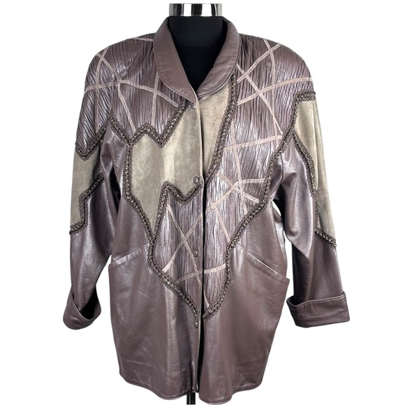 VINTAGE 80S LEATHER WOOL PATCHWORK ABSTRACT TAUPE TAN STATEMENT JACKET NORMA - Picture 3 of 15